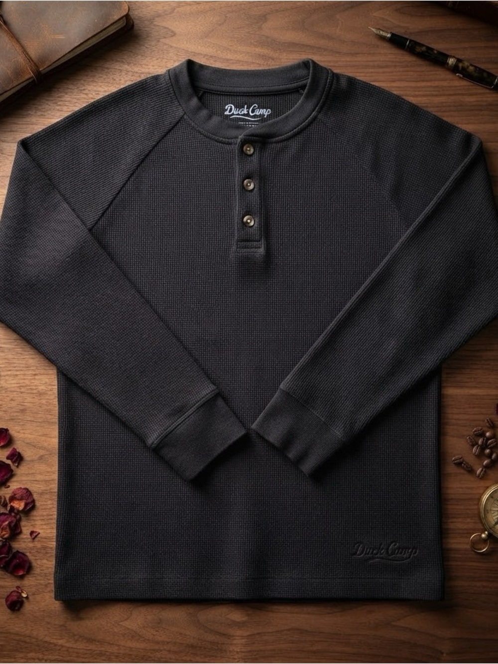 Duck Camp Men’s Black Waffle Knit Henley Long Sleeve Shirt Size M Outdoor